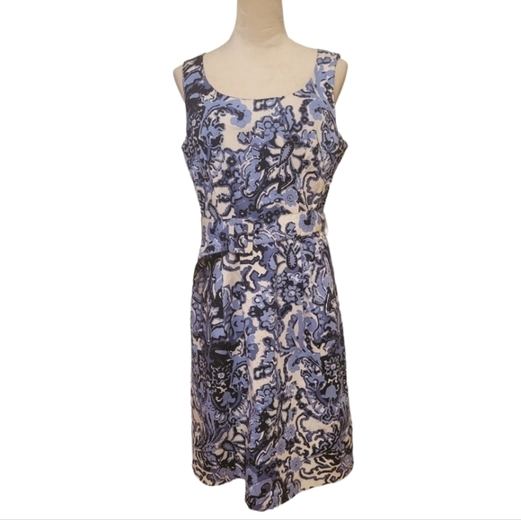 H&M Belted A-Line Blue and White Print Dress Size 14 - Picture 1 of 3